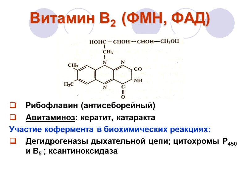 Витамин В2  (ФМН, ФАД)     Рибофлавин (антисеборейный) Авитаминоз: кератит, катаракта